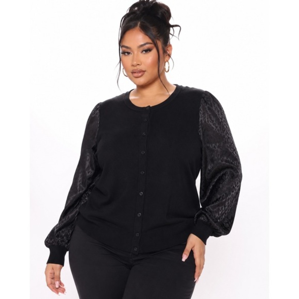 Les Serein Meg Mixed Media Cardigan Black Leopard Satin Sleeve 2X NWT‎